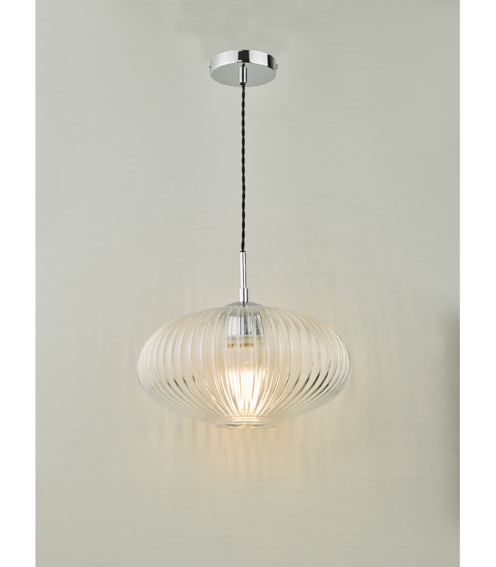 Single Pendant Ceiling Light Polished Chrome Ribbed Glass-7