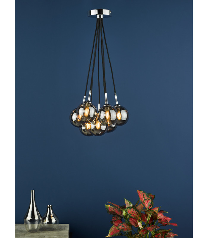 7 Light Cluster Pendant Polished Chrome Smoked Glass Globes-6