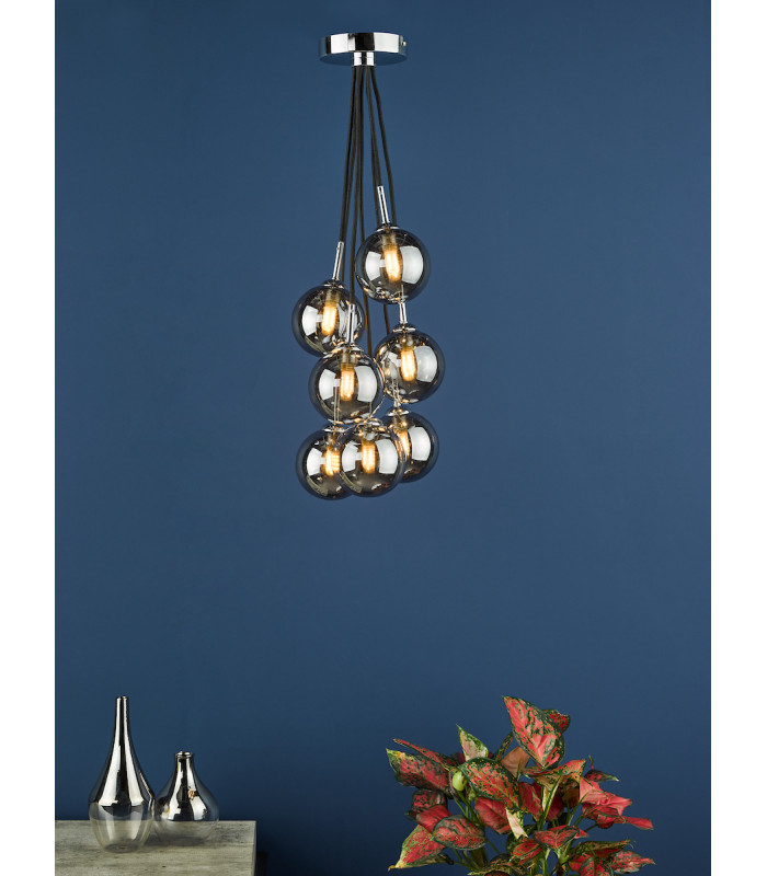 7 Light Cluster Pendant Polished Chrome Smoked Glass Globes-7