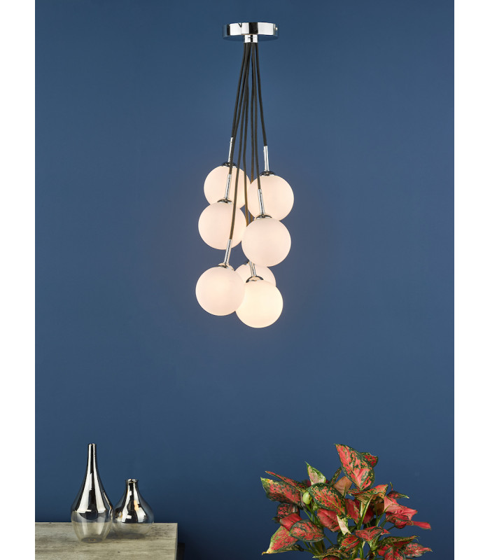7 Light Cluster Pendant Polished Chrome Opal Glass Globes-7