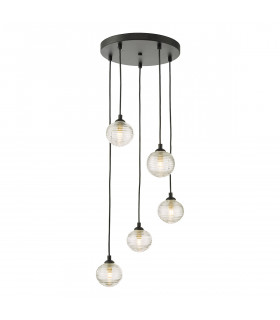 5 Light Cluster Ceiling Pendant Black Clear Ribbed Glass-1