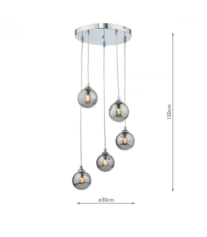 5 Light Cluster Ceiling Pendant Polished Chrome Smoked Glass-6