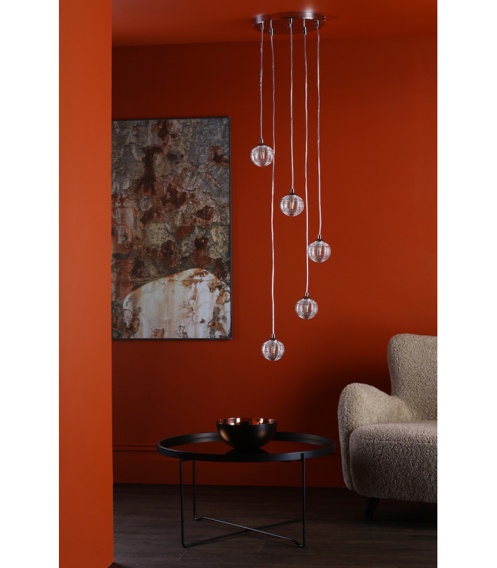 5 Light Cluster Ceiling Pendant Polished Chrome Clear Ribbed Glass-7