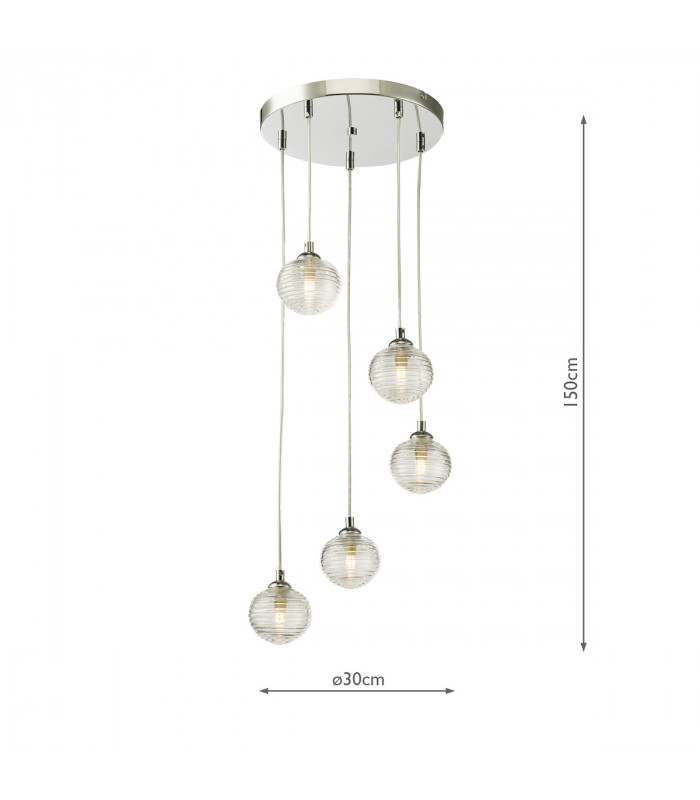 5 Light Cluster Ceiling Pendant Polished Chrome Clear Ribbed Glass-8