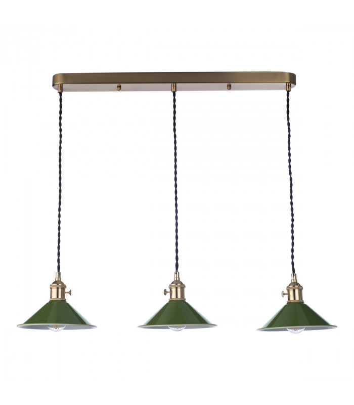Brass Bar Suspension Pendant 3 Light With Olive Green Dome Shades-2