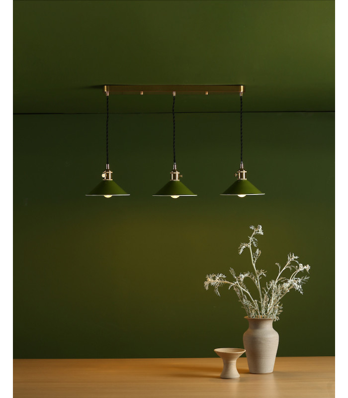 Brass Bar Suspension Pendant 3 Light With Olive Green Dome Shades-3