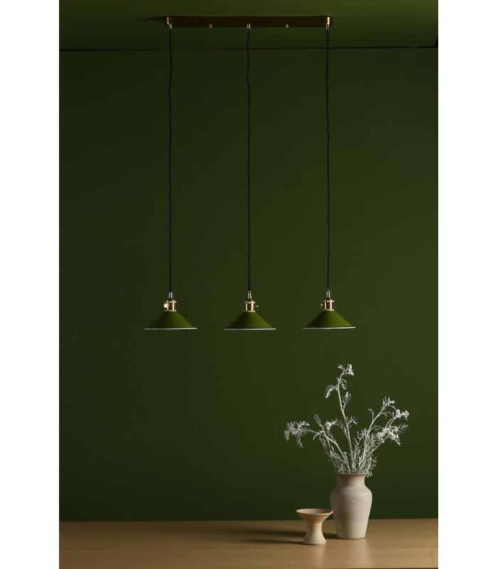 Brass Bar Suspension Pendant 3 Light With Olive Green Dome Shades-4