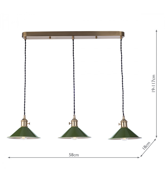 Brass Bar Suspension Pendant 3 Light With Olive Green Dome Shades-5