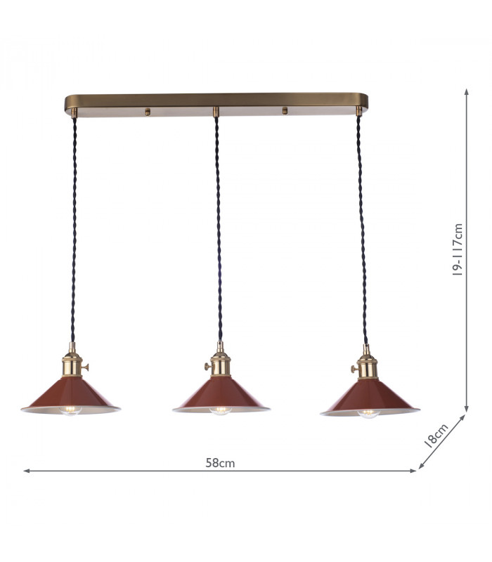 Brass Bar Suspension Pendant 3 Light With Umber Dome Shades-3
