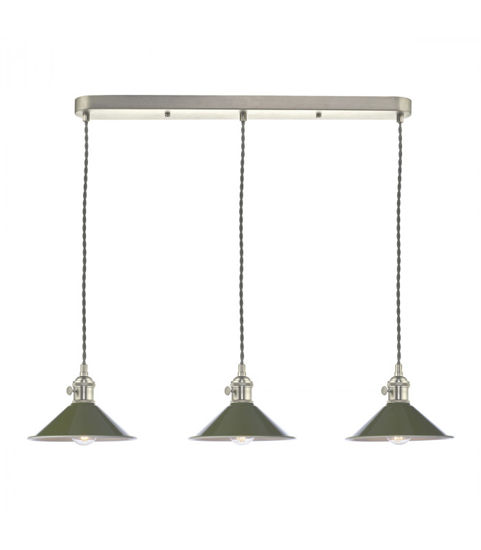 Antique Chrome Bar Suspension Pendant 3 Light With Olive Green Dome Shades-1