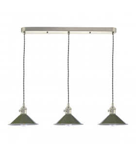 Antique Chrome Bar Suspension Pendant 3 Light With Olive Green Dome Shades-2