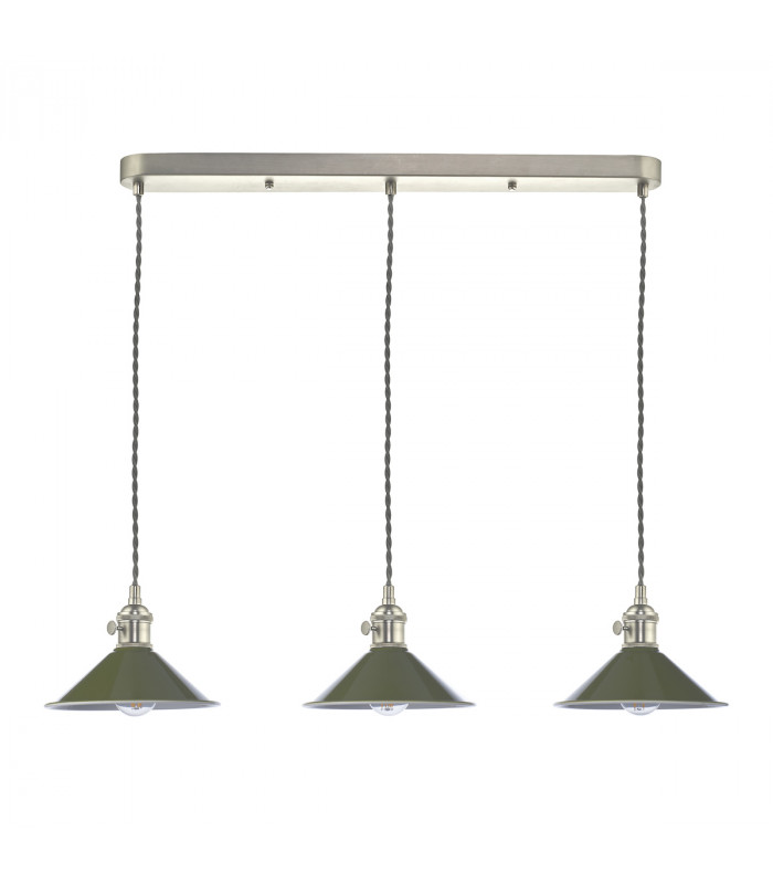 Antique Chrome Bar Suspension Pendant 3 Light With Olive Green Dome Shades-2