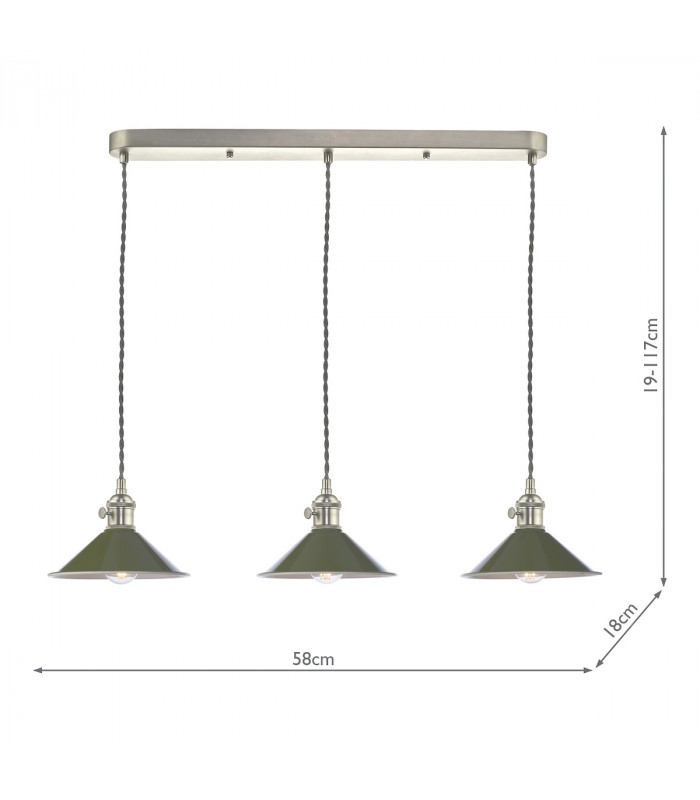 Antique Chrome Bar Suspension Pendant 3 Light With Olive Green Dome Shades-3