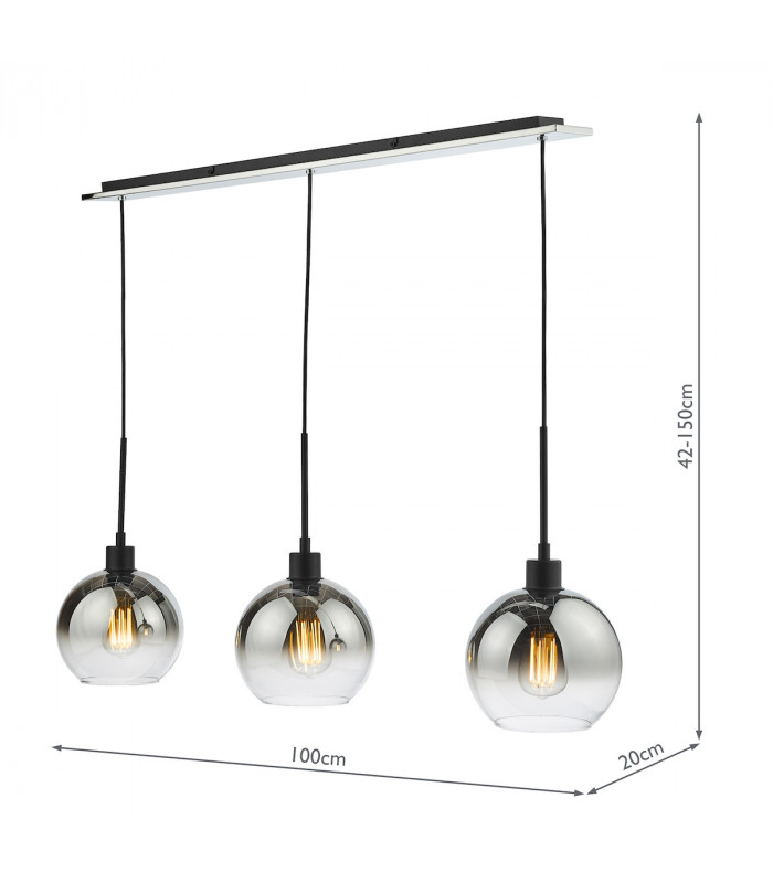 3 Light Bar Pendant Matt Black Ombre Smoked Glass-9