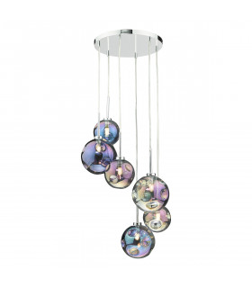 6 Light Cluster Pendant Polished Chrome Iridised Glass