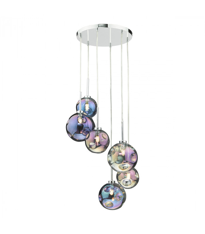 6 Light Cluster Pendant Polished Chrome Iridised Glass