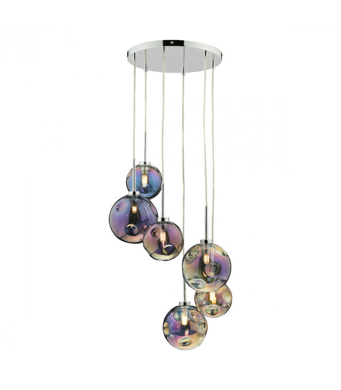 6 Light Cluster Pendant Polished Chrome Iridised Glass
