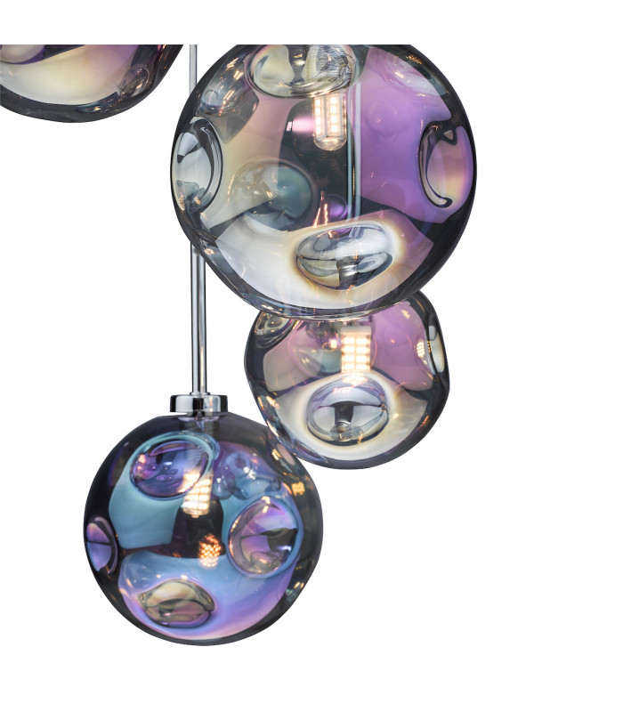 6 Light Cluster Pendant Polished Chrome Iridised Glass