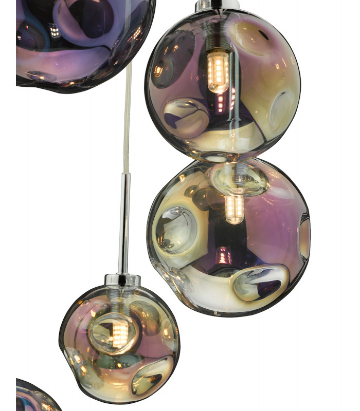 6 Light Cluster Pendant Polished Chrome Iridised Glass