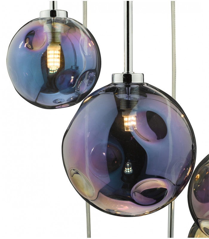 6 Light Cluster Pendant Polished Chrome Iridised Glass
