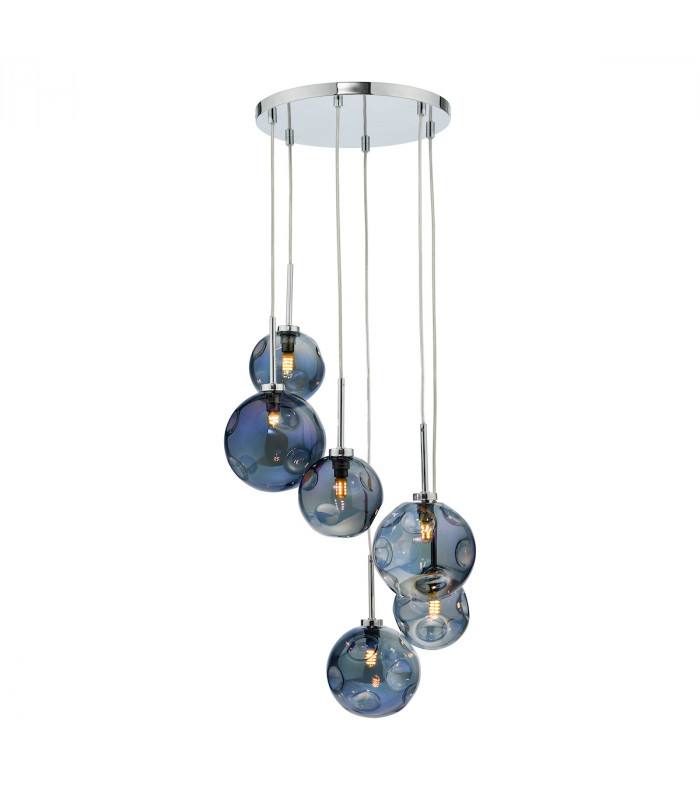 6 Light Cluster Pendant Polished Chrome Iridised Glass