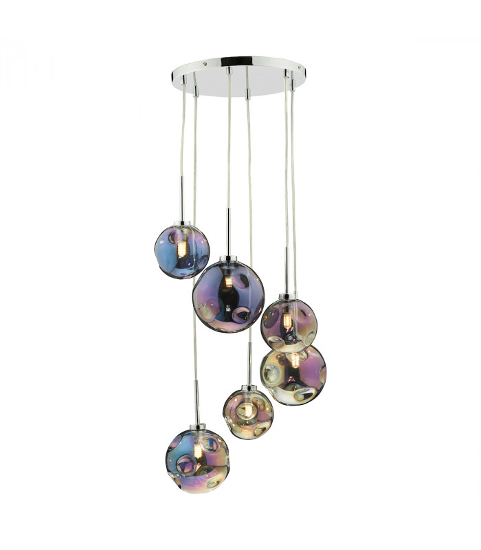 6 Light Cluster Pendant Polished Chrome Iridised Glass