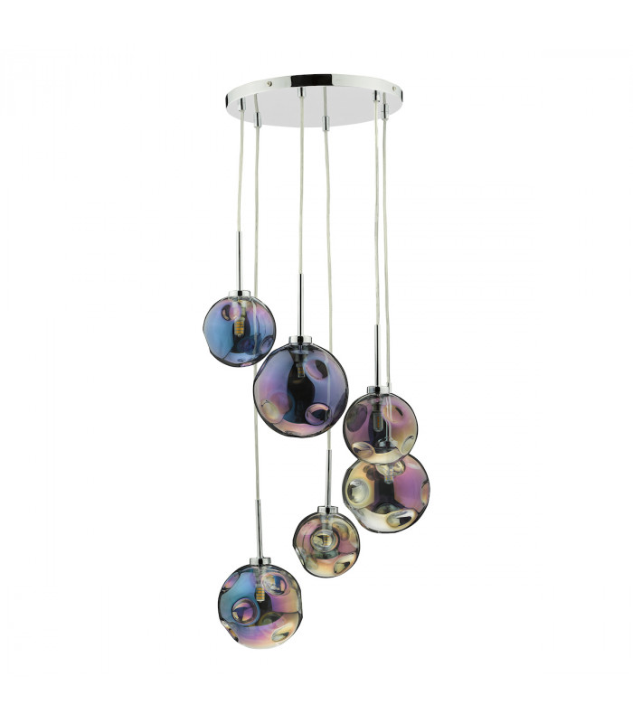 6 Light Cluster Pendant Polished Chrome Iridised Glass