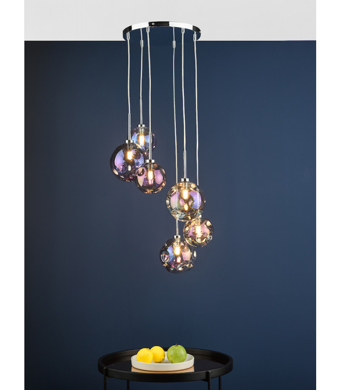 6 Light Cluster Pendant Polished Chrome Iridised Glass