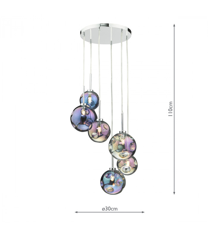 6 Light Cluster Pendant Polished Chrome Iridised Glass
