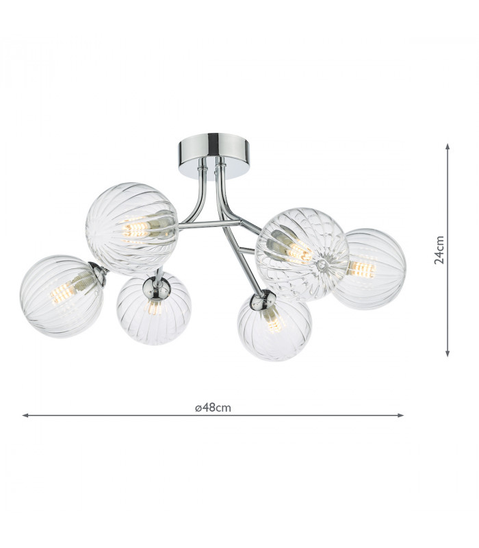 6 Light Semi Flush Polished Chrome Ribbed Glass