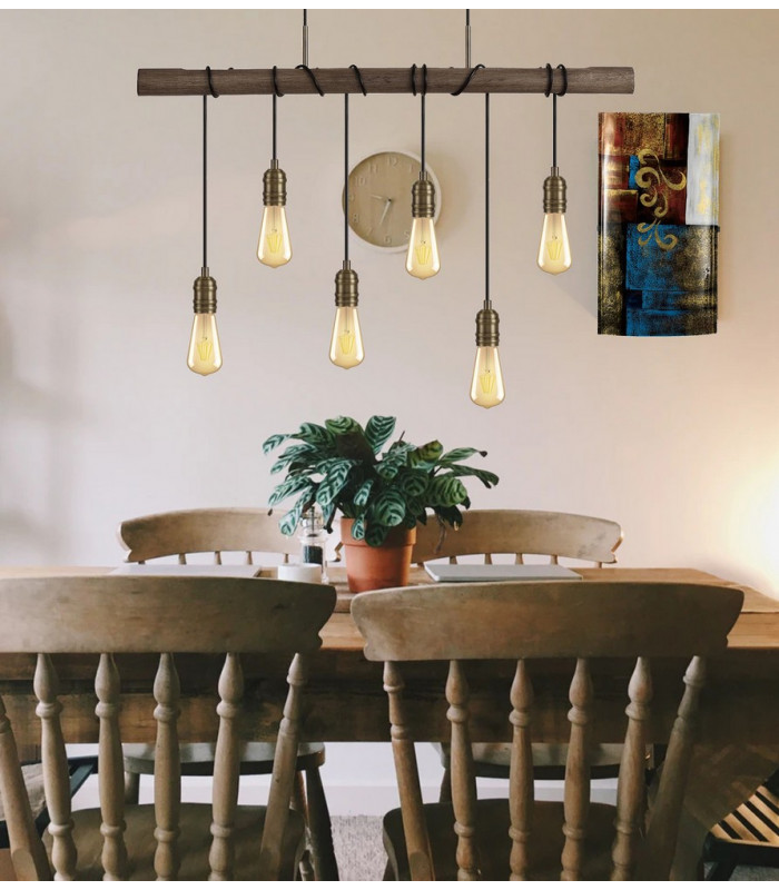 Pendant 6 x E27 Medium Oak Antique Brass-4
