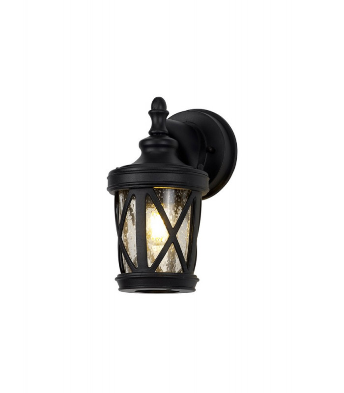 Down Round Criss Cross Wall Lamp 1 x E27 IP44 Sand Black Clear Seeded Glass 2yrs Warranty-1