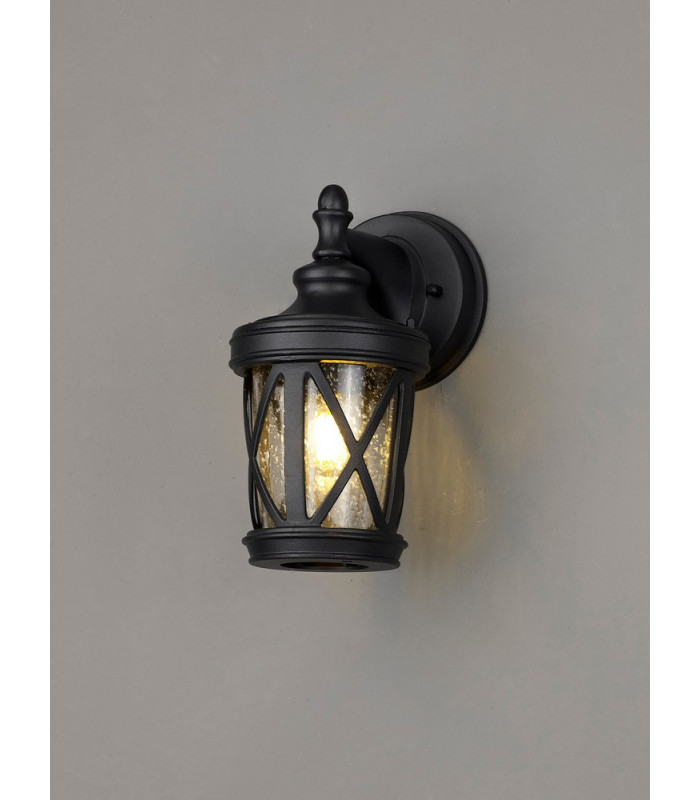 Down Round Criss Cross Wall Lamp 1 x E27 IP44 Sand Black Clear Seeded Glass 2yrs Warranty-3