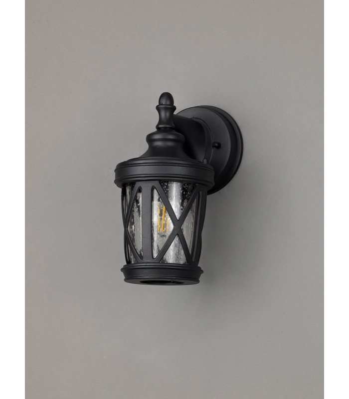 Down Round Criss Cross Wall Lamp 1 x E27 IP44 Sand Black Clear Seeded Glass 2yrs Warranty-8