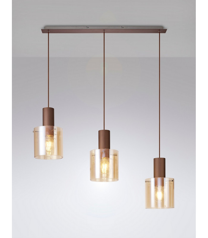 Linear Pendant 3 Light Adjustable E27 Mocha Amber Glass-3