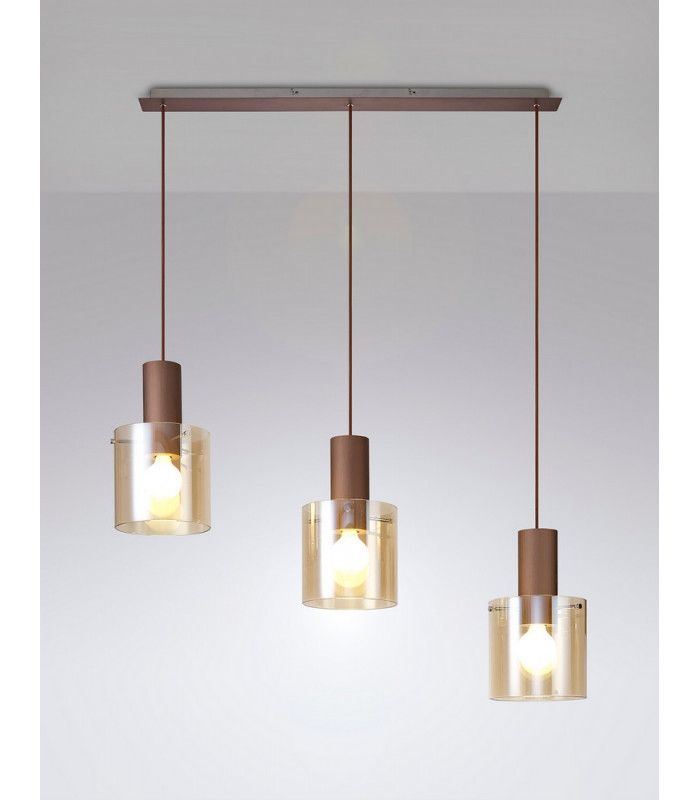 Linear Pendant 3 Light Adjustable E27 Mocha Amber Glass-15