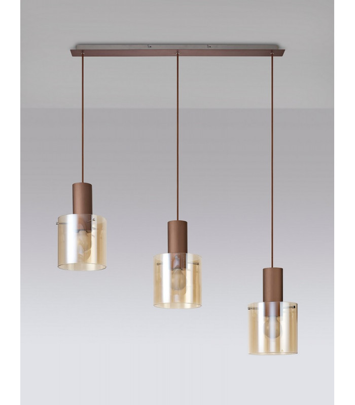 Linear Pendant 3 Light Adjustable E27 Mocha Amber Glass-16