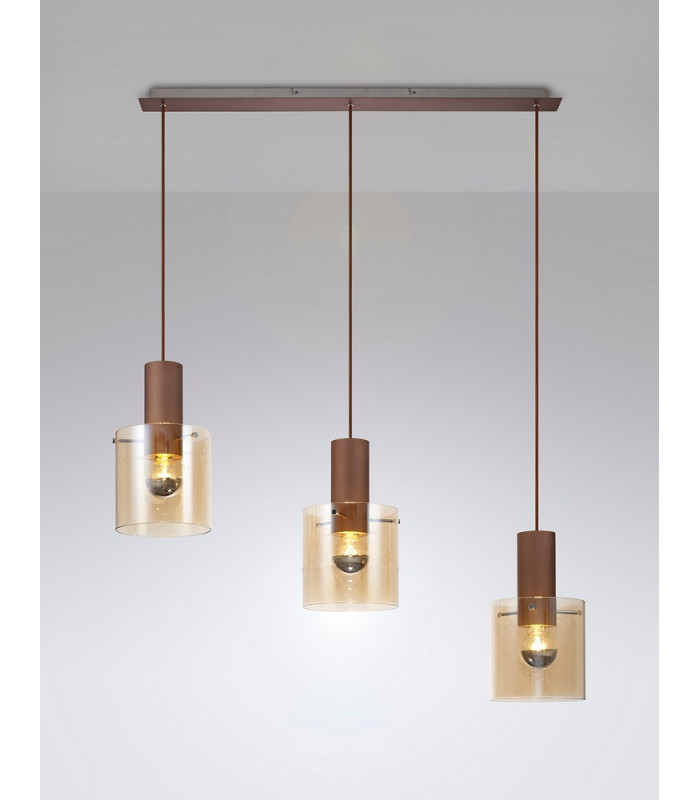 Linear Pendant 3 Light Adjustable E27 Mocha Amber Glass-17