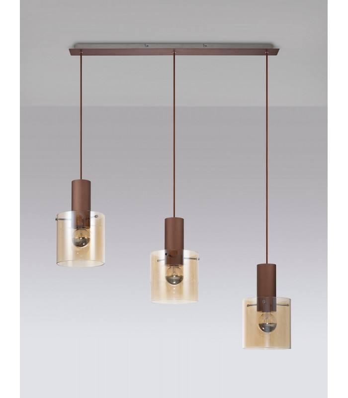 Linear Pendant, 3 Light Adjustable E27, Mocha, Amber Glass