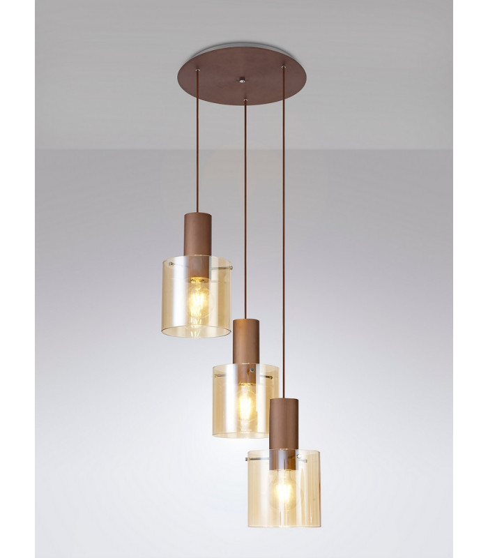 Round Pendant 3 Light Adjustable E27 Mocha Amber Glass-3
