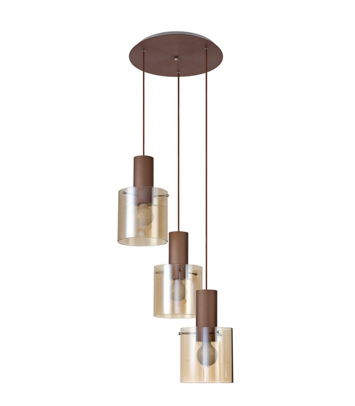 Round Pendant 3 Light Adjustable E27 Mocha Amber Glass-6