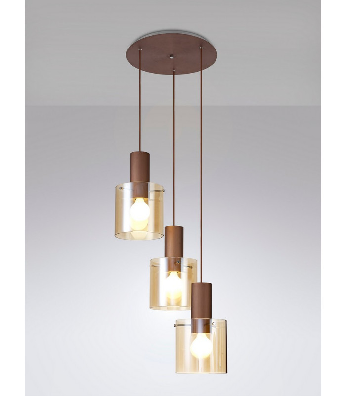 Round Pendant 3 Light Adjustable E27 Mocha Amber Glass-15