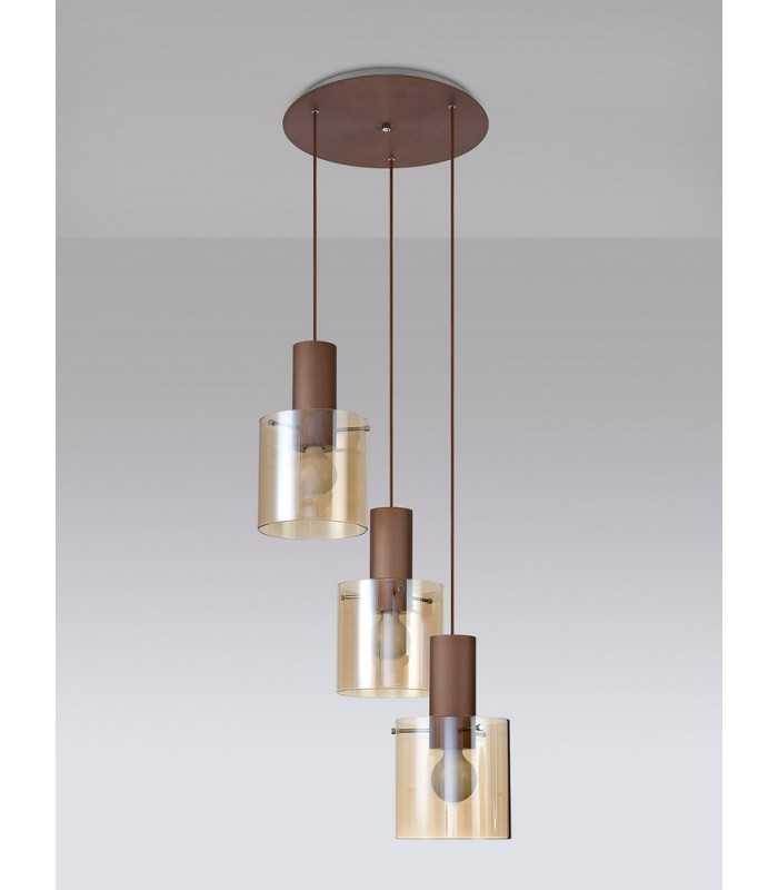 Round Pendant 3 Light Adjustable E27 Mocha Amber Glass-16