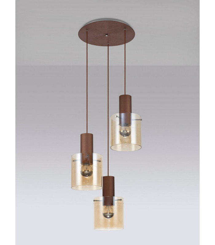 Round Pendant, 3 Light Adjustable E27, Mocha, Amber Glass