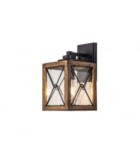 Small Wall Lamp 1 x E27 Wood Effect & Black Clear Glass IP54 2yrs Warranty-1