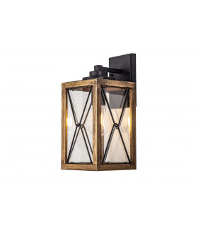 Large Wall Lamp 1 x E27 Wood Effect & Black Clear Glass IP54 2yrs Warranty-1