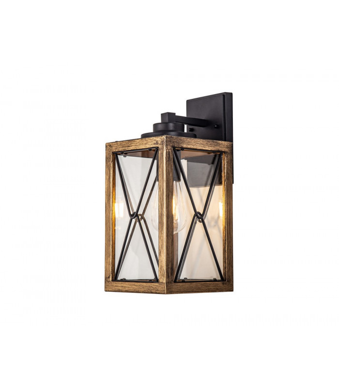 Large Wall Lamp 1 x E27 Wood Effect & Black Clear Glass IP54 2yrs Warranty-1