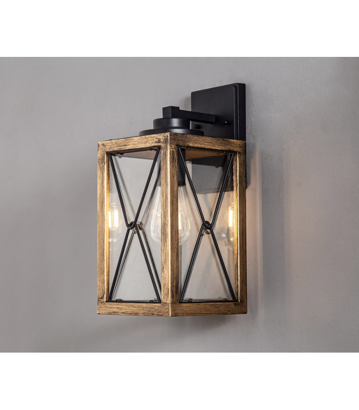 Large Wall Lamp 1 x E27 Wood Effect & Black Clear Glass IP54 2yrs Warranty-3