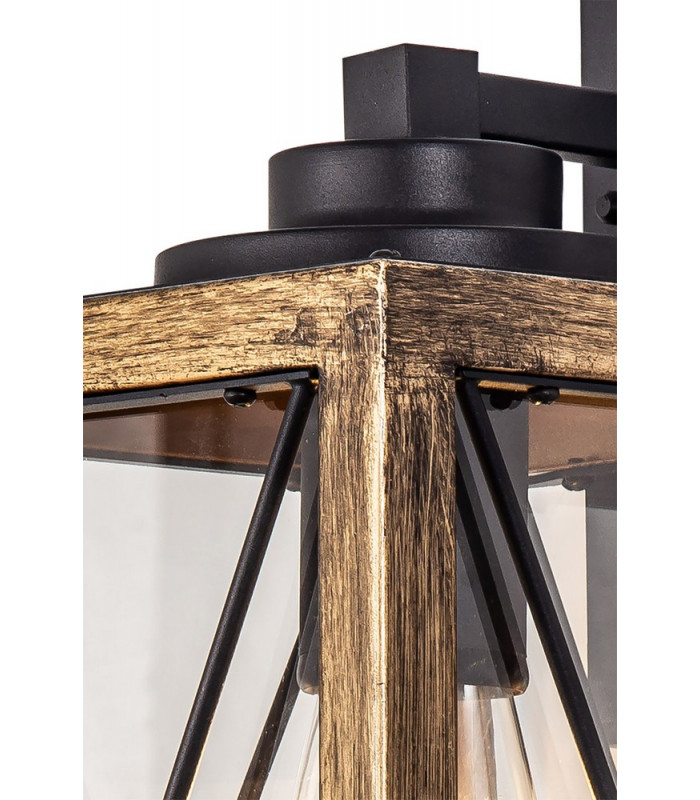 Large Wall Lamp 1 x E27 Wood Effect & Black Clear Glass IP54 2yrs Warranty-6