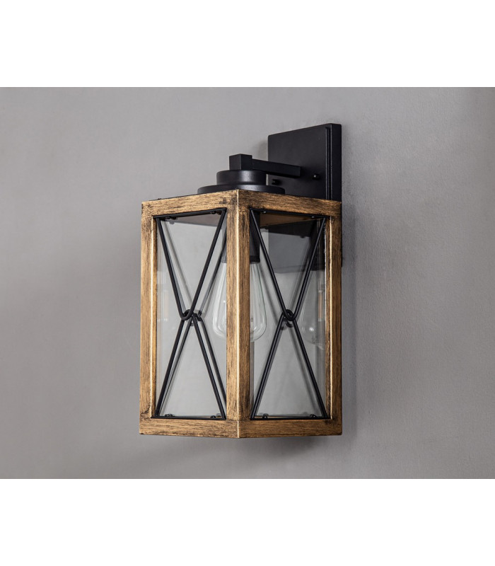 Large Wall Lamp 1 x E27 Wood Effect & Black Clear Glass IP54 2yrs Warranty-9
